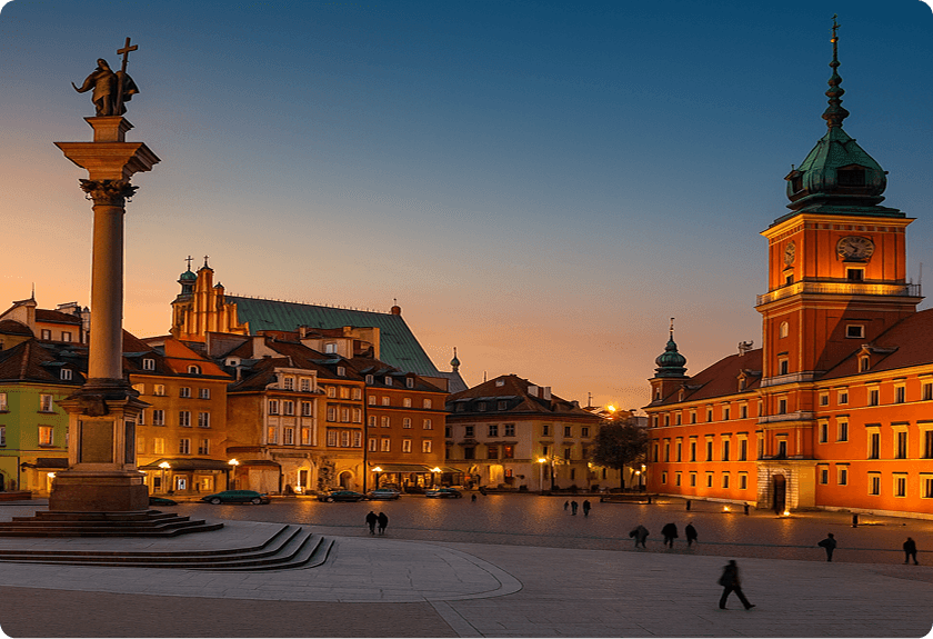 Площа Замкова у Варшаві з прапором Польщі — популярний напрямок автобусного маршруту Львів – Варшава компанії TourUkraine